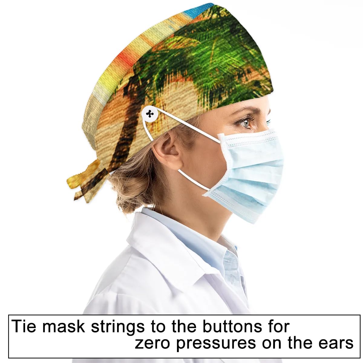 Mularoka Watercolor Coconut Tree Island Working Caps with Button Sweatband Comfortable Adjustable Bouffant Hats Work Hat for Women Men