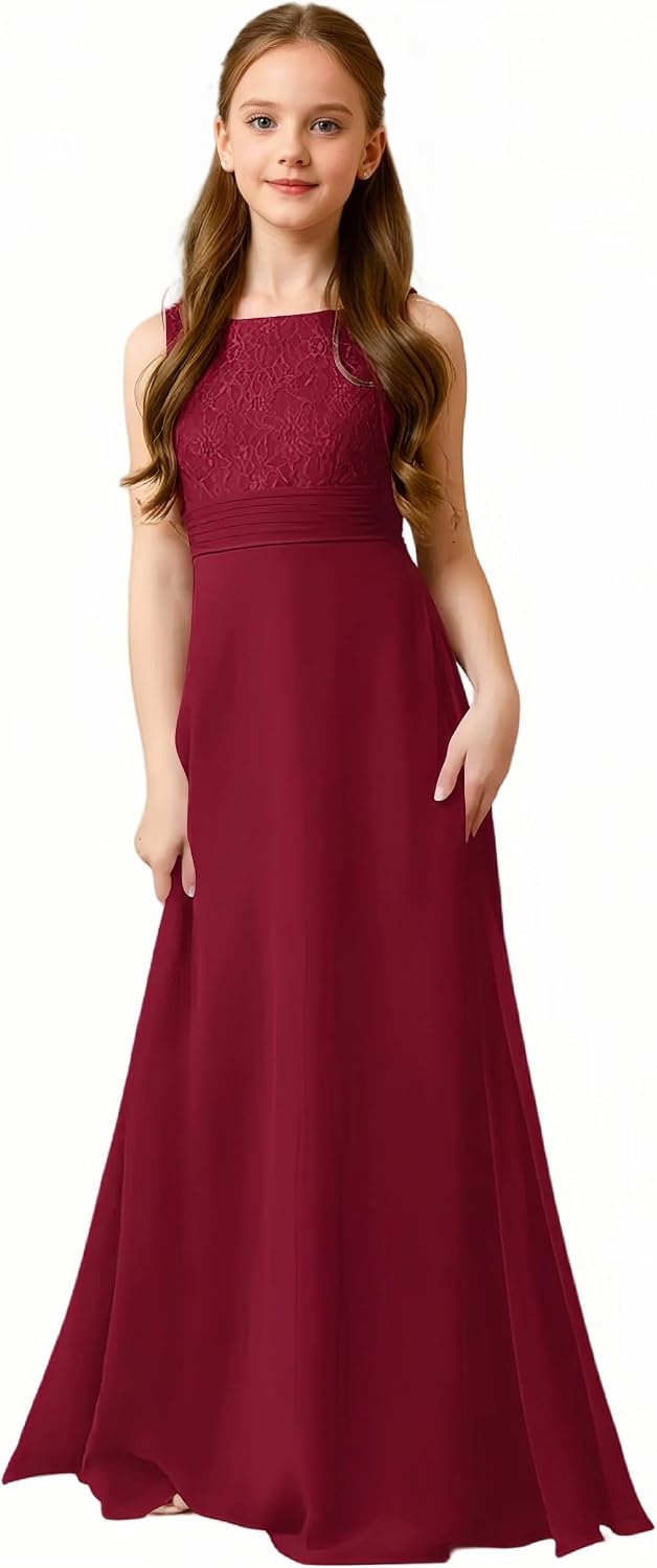 LTW Flower Girl Dresses Chiffon Girls Formal Wedding Dress Sleeveless Lace Junior Bridesmaid Dress for Teen