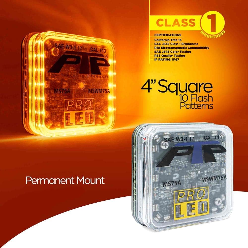 Pro LED MS75A Class 1 Amber LED 4" Square Permanent Mount Warning Light with Clear Lens and Aluminum Mirror Mount Bracket Kit - 24 Amber LEDs (Uses the Latest in SMD Technology)