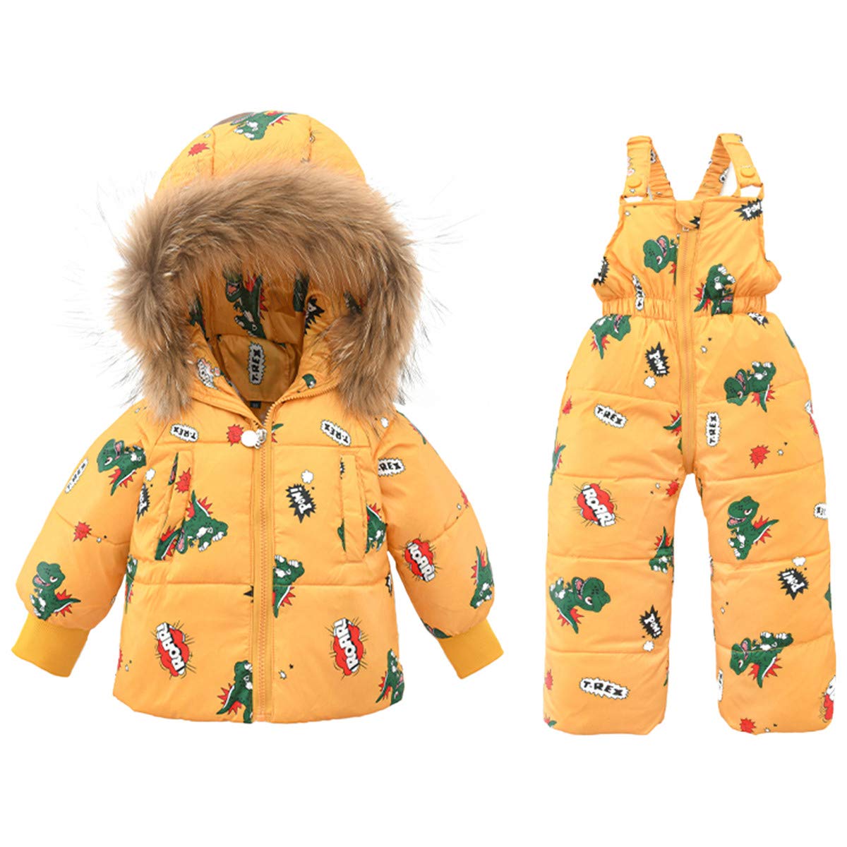 REWANGOING Baby Kids Girls Winter Warm Dinosaur Ears Fur Trim Puffer Down Jacket Snowsuit with Ski Bib Pants Set