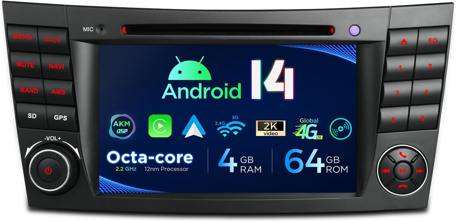 XTRONS Car Stereo for Mercedes Benz W211 W219, Android 14 Octa Core 4GB+64GB Car Radio DVD Player, 7 Inch IPS Touch Screen GPS Navigation for Car Head Unit Built-in DSP CarPlay Android Auto 4G LTE
