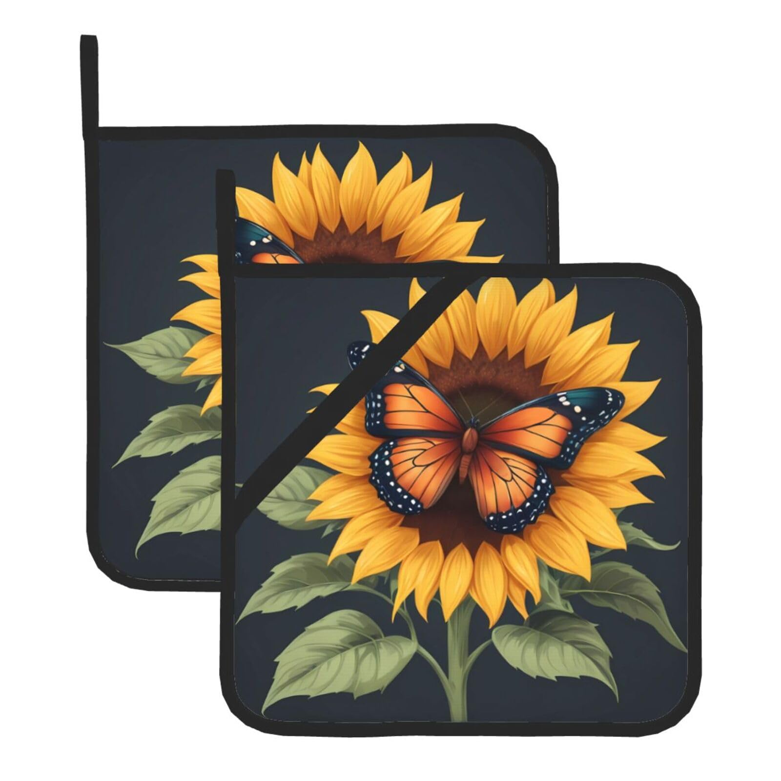 HJFCZH Butterfly On Sunflower Printed Square Insulated Pot Mat Set (2-Piece) 8x8in Waterproof, Thickened & Easy to Clean with Lanyard Design for Kitchen, Oven & BBQ