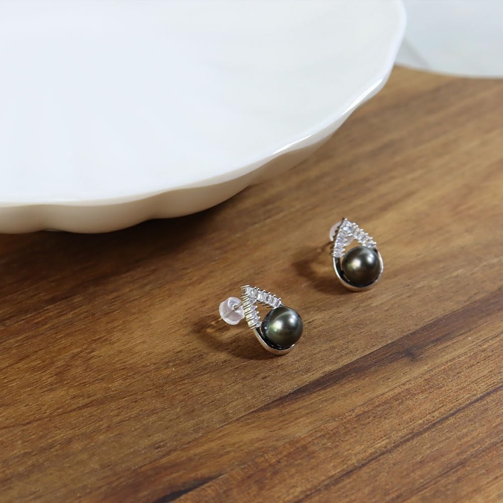 Gift for Wife -Tahitian Black/Freshwater Cultured-Pearl-Earrings-Gifts for Women Wedding Birthday Anniversary-Mom Her Mothers Day Valentines Day Christmas-18K Gold Plated Sterling Silver Pearl Stud Earring Fine Jewelry - Image 4