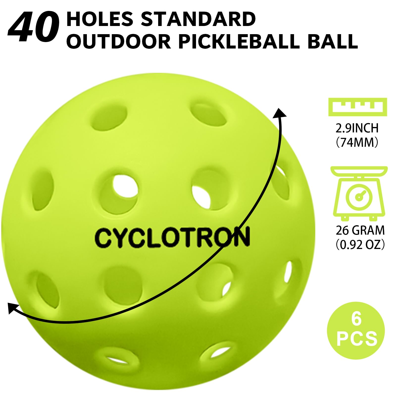 cyclotron 6-Pack Pickleball Balls with Mesh Bag - USAPA Approved 40 Holes Outdoor/Indoor pickleballs for Tournament Play(Green)