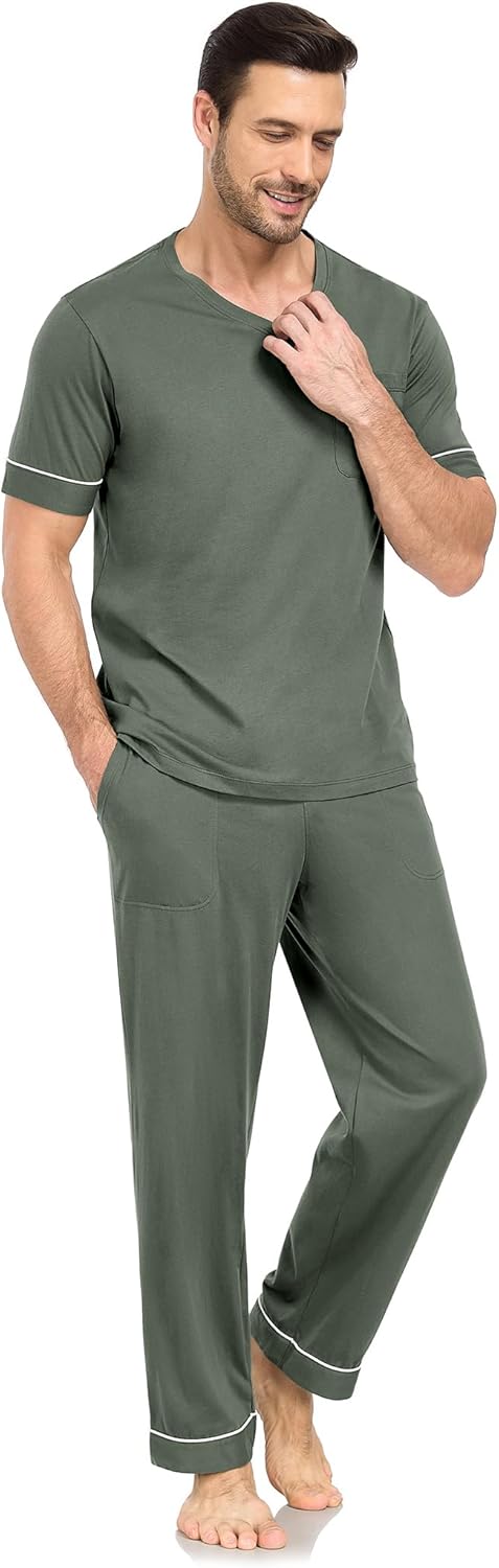 COLORFULLEAF Mens 100% Cotton Pajamas Set Short Sleeve V-Neck Sleepwear Soft Loungewear Pjs with Pockets - Image 2