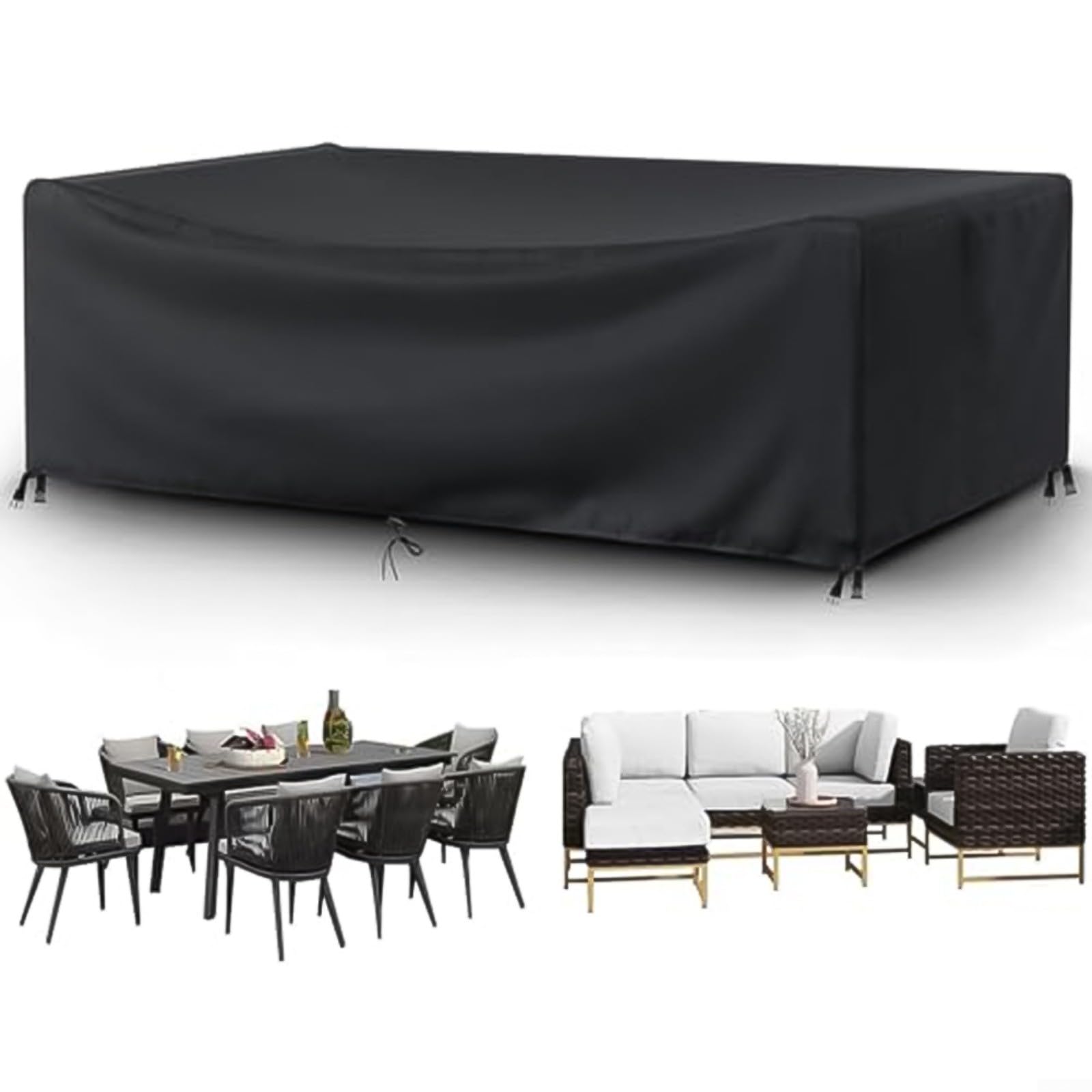 Wasserdichte Abdeckung für Terrassenmöbel für Kombi-Sofas, 420D robuster Garten-Sofa-Schutz mit Belüftung und Gurten, schwarz (305 x 102 x 74 cm)