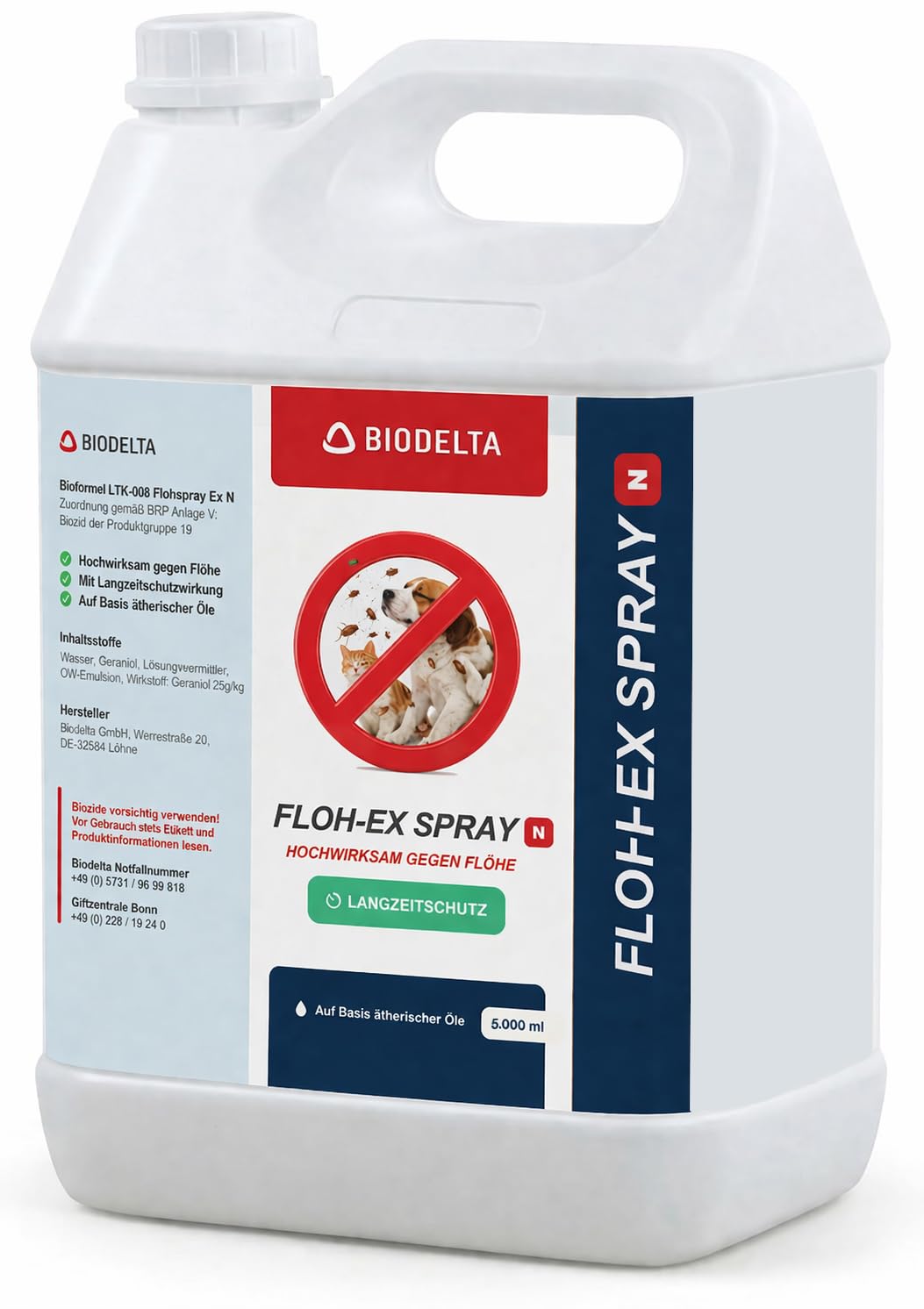 Biodelta Anti Flohspray 5L für Hund Katze - Floh-Ex Umgebungsspray Haustier Hundeflöhe Katzenflöhe bekämpfen bei akutem Befall & präventiv - Flöhe Spray Wohnung Möbel Bett - hochwirksam