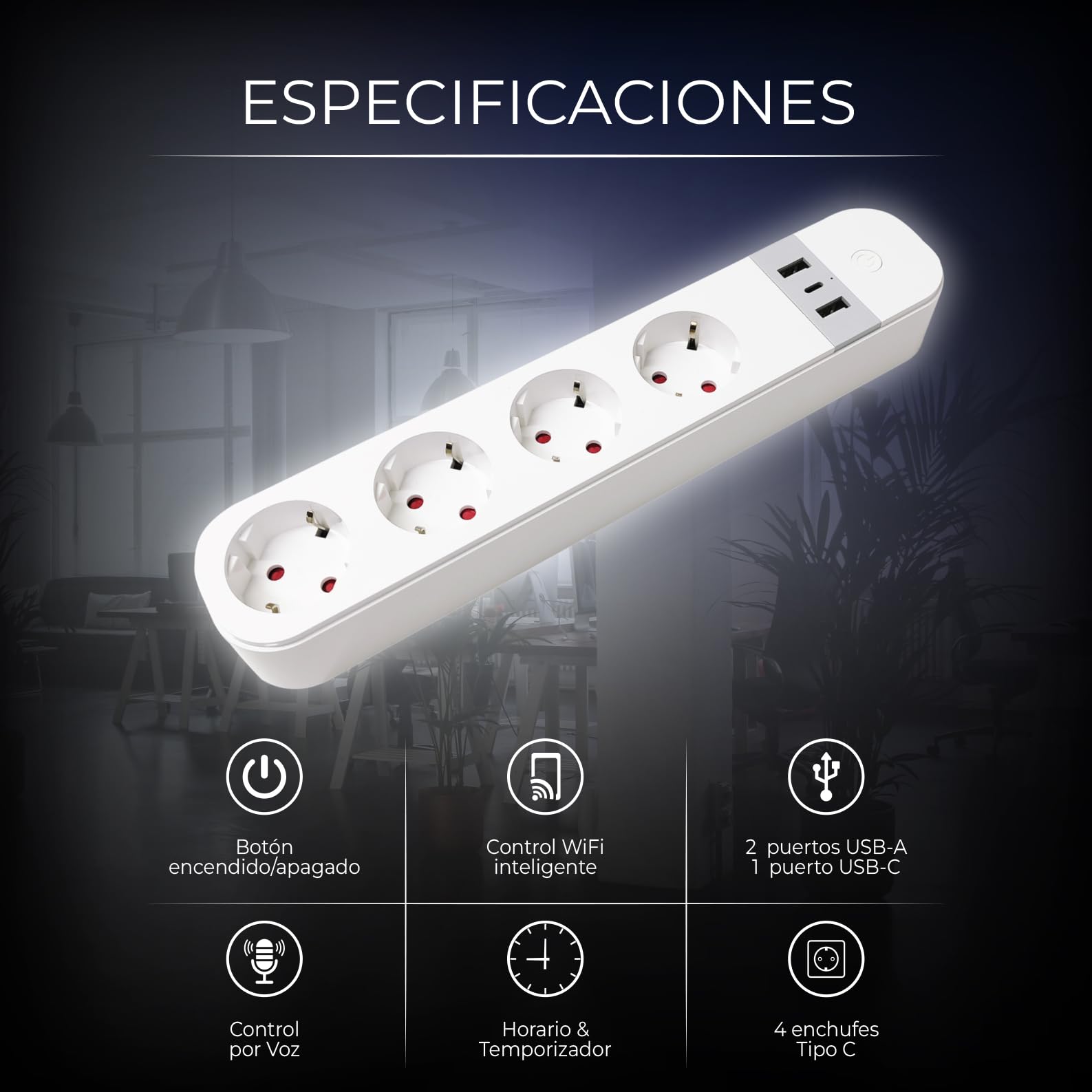 LED ATOMANT 4X Regleta WiFi USB Alargador 4 Tomas 2 USB 1 Tipo C | Compatible con Alexa y Google Assistant, App Smart Life y Tuya
