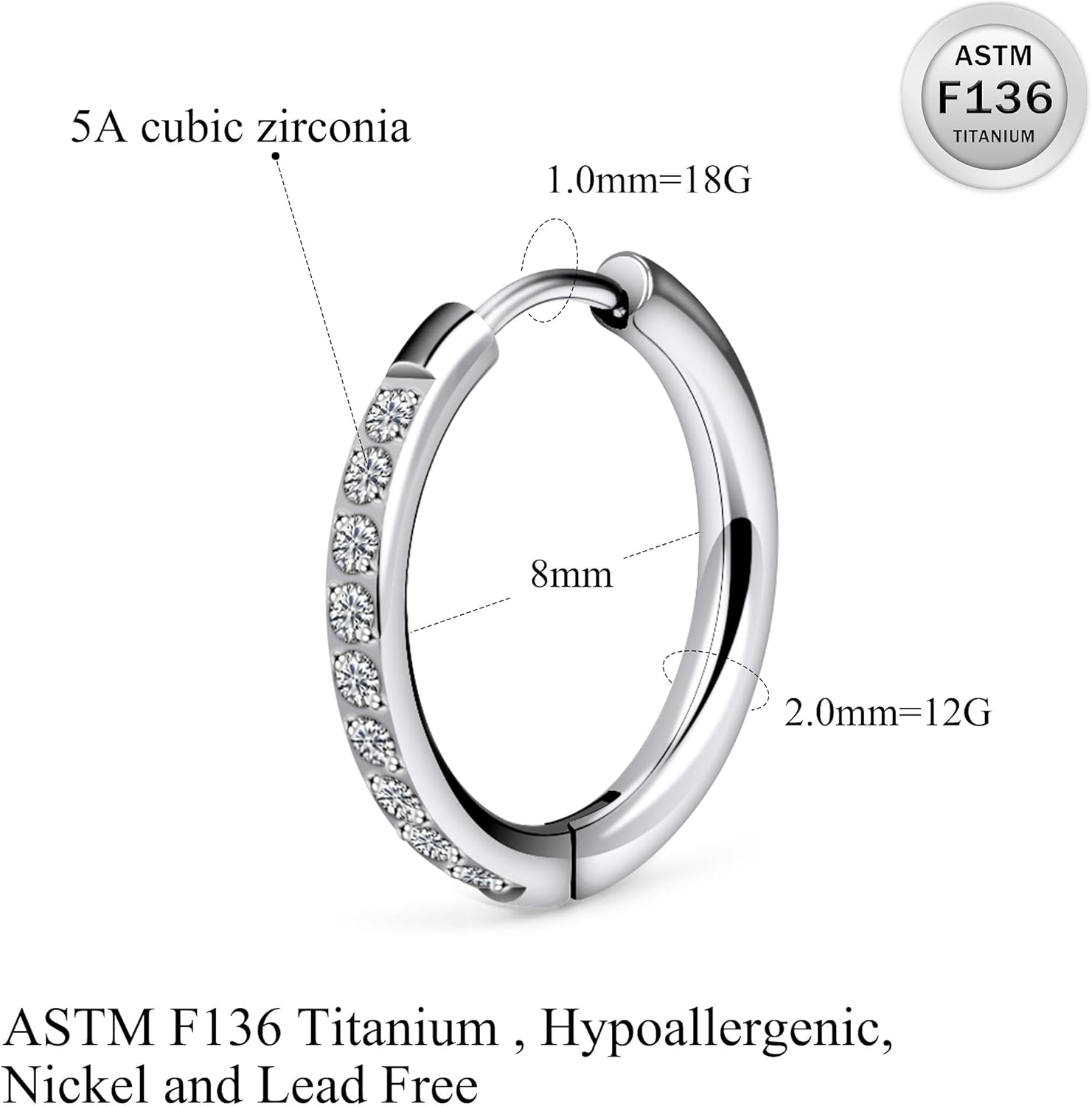 Ruifan ASTM F136 Titanium Hoop Earrings for Women Small Huggie Hoop Earrings Hypoallergenic Helix Conch Cartilage Hoops Cubic Zirconia Cuff Earring Piercing Jewelry For Women Sensitive Ears 20G 18G - Image 2