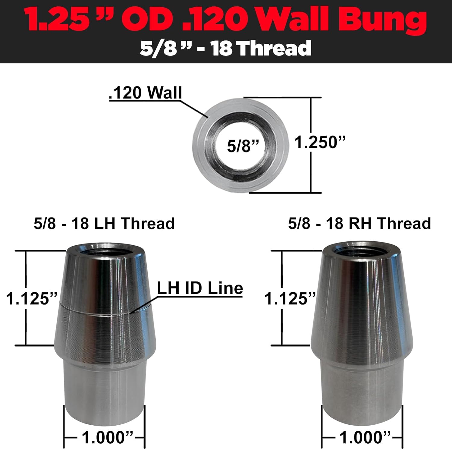 5/8" Heim Joint Rod End Kit, RIGHT HAND THREAD for 1.25" OD .120 Wall - Chromoly Heim Joints 5/8", Jam Nut, Bung & Spacers - Suspension, Steering UTV Rock Crawler Hot Rod Johnny Joint [6100B3] 1-set