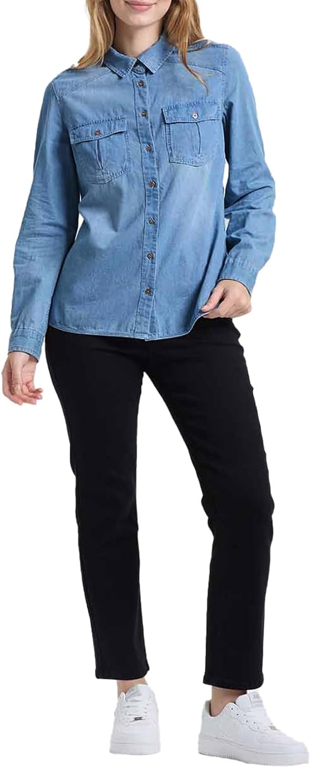 FASHIONSPARK Women's Denim Shirt Button Down Long Sleeve Tops Basic Jean Casual Shirts with Pockets - Image 4