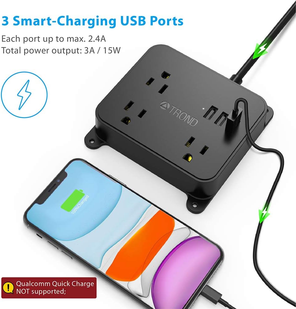 Power Strip with USB Ports - TROND 4.5 FT Extension Cord with 3 Outlets Desktop Charging Station, Non Surge Protector, Wall Mount for Dorm Home Office, ETL Listed