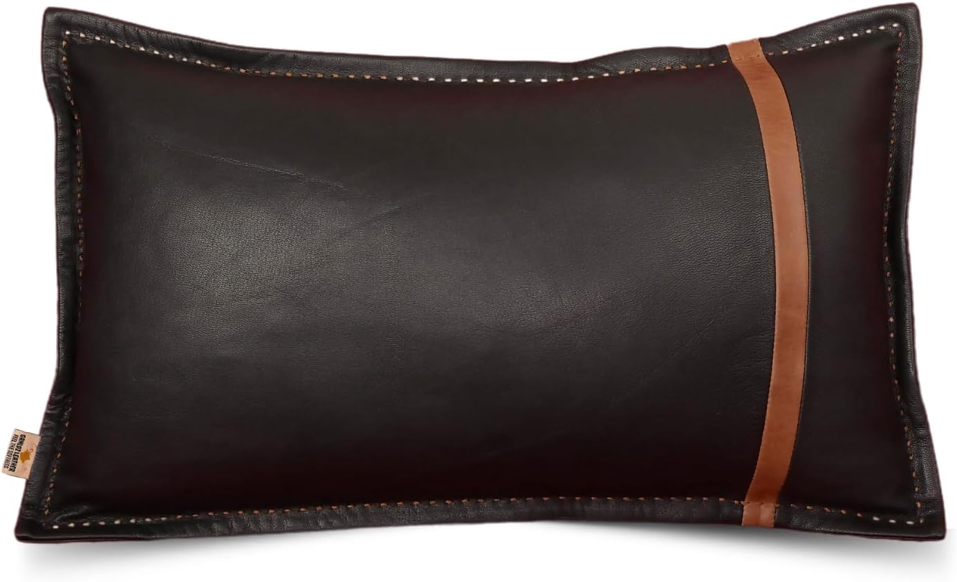 Genuine Lambskin Leather Pillow Cover, 14x22 Inch Case for Lumbar Throw Couch Pillows, Thick & Soft Cushion Covers for Sofa Bed Home Decor (Black & Tan Box Pack of 1)