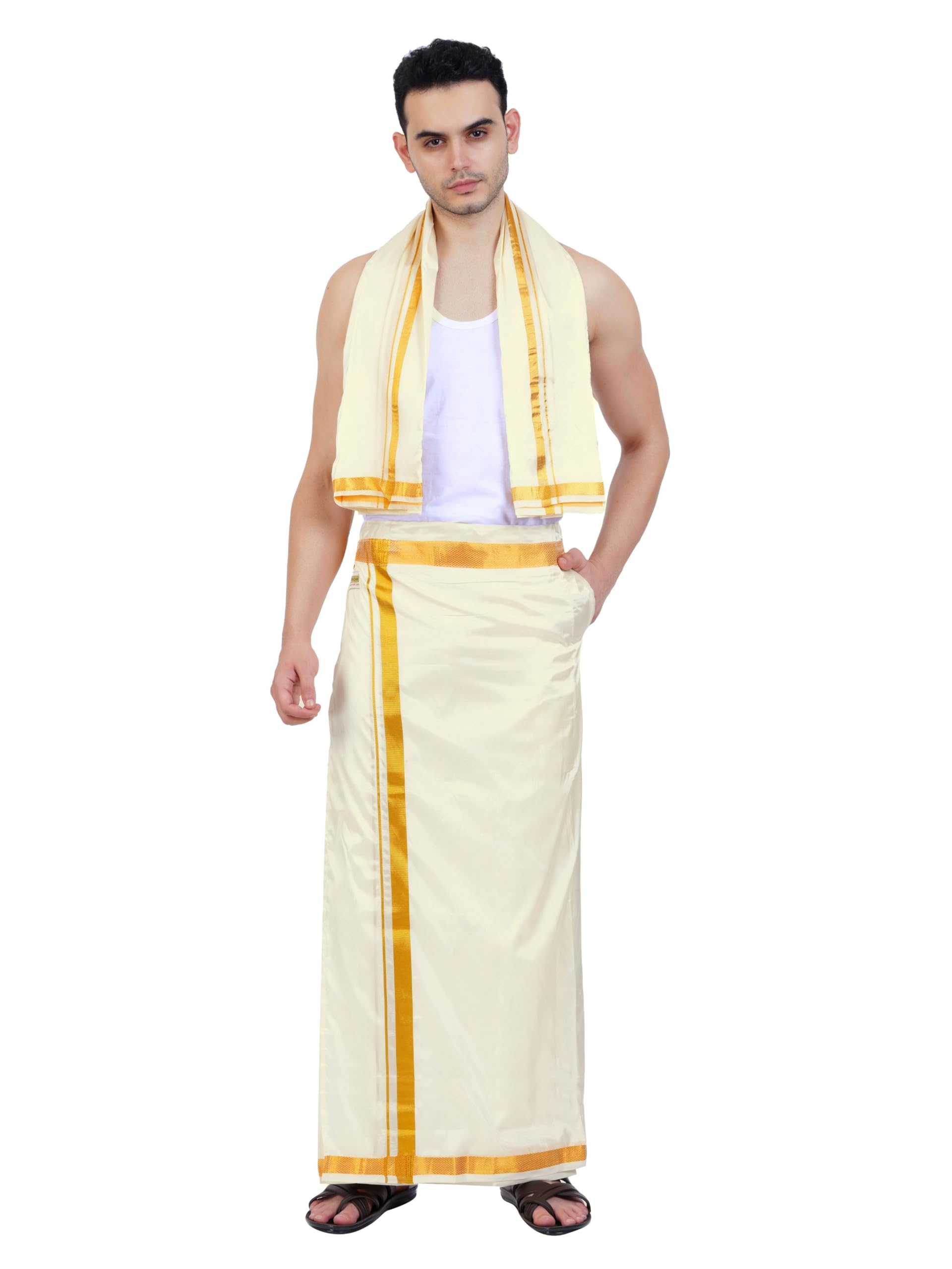 Mens Art Silk Double Layer Gold Jari Border Free Size Stitched Dhoti With Matching Jari Border Art Silk Angavastaram set for mens-image-35
