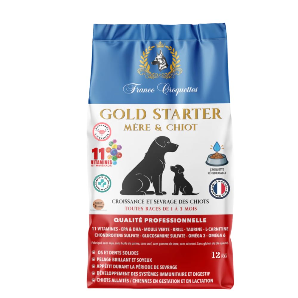 Croquettes Chiens Premium – Gold Starter Mère & Chiots 1 à 3 Mois & Chiennes Gestantes | Croissance, Sevrage Facile, Immunité, Digestion & Vitalité | Fabrication Française – Sac 12 kg
