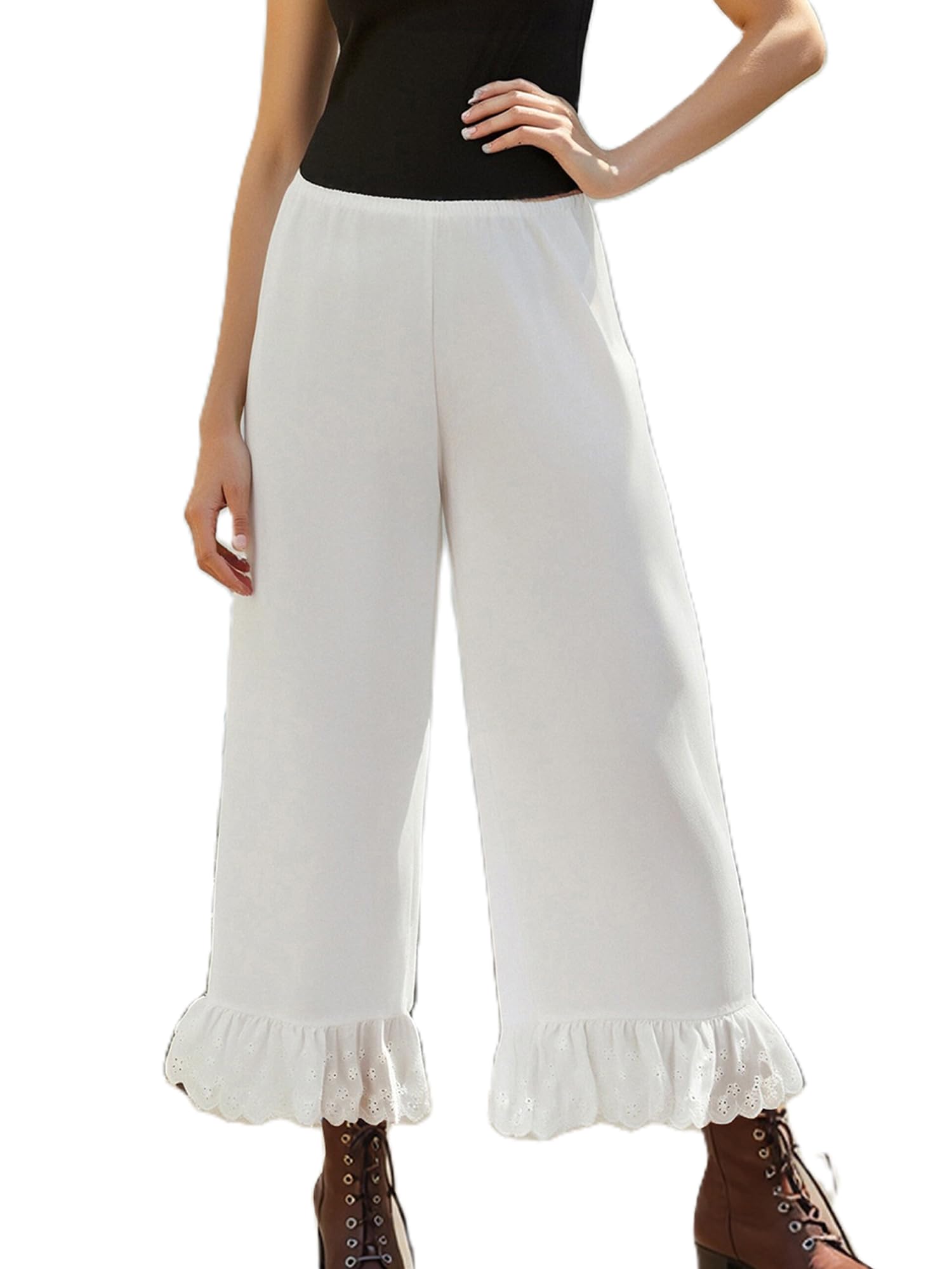 Women Bloomers Pants Elastic Waist Y2k Vintage Ruffle Pettipants Pantaloons Victorian Capri Leggings