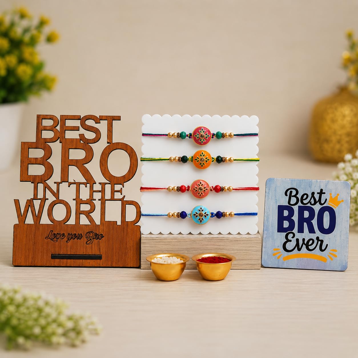 eCraftIndia Set of 4 Designer Rakhi for Brother with Best Bro Ever Fridge Magnet & Best Bro in the World Wooden Showpiece | Premium Beaded Rakhi Set with Roli Chawal | Raksha Bandhan Gift Combo