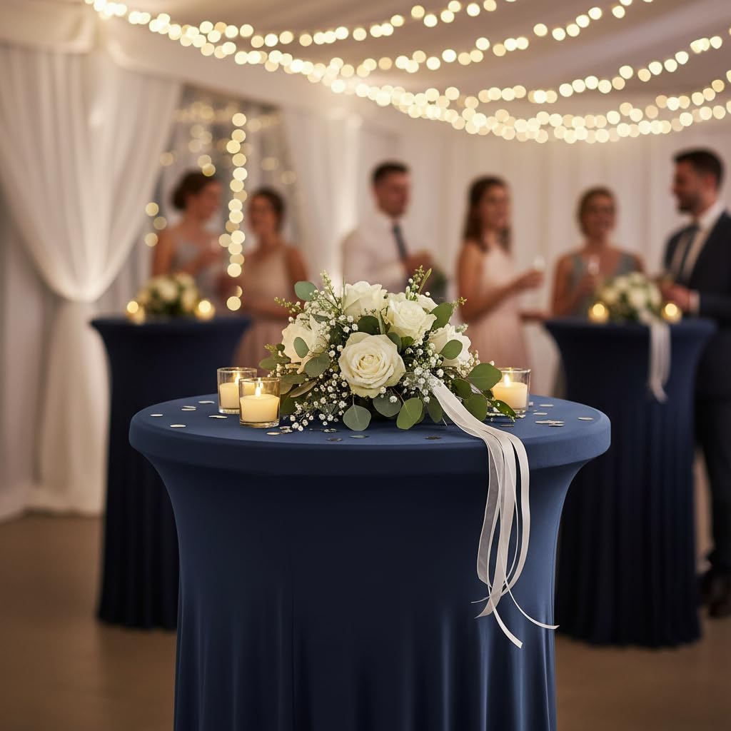 2Pcs 32" Highboy Cocktail Round Stretch Spandex Table Cover Table Skirt High Top Tablecloth (30"-32" Dia x 43", Navy)