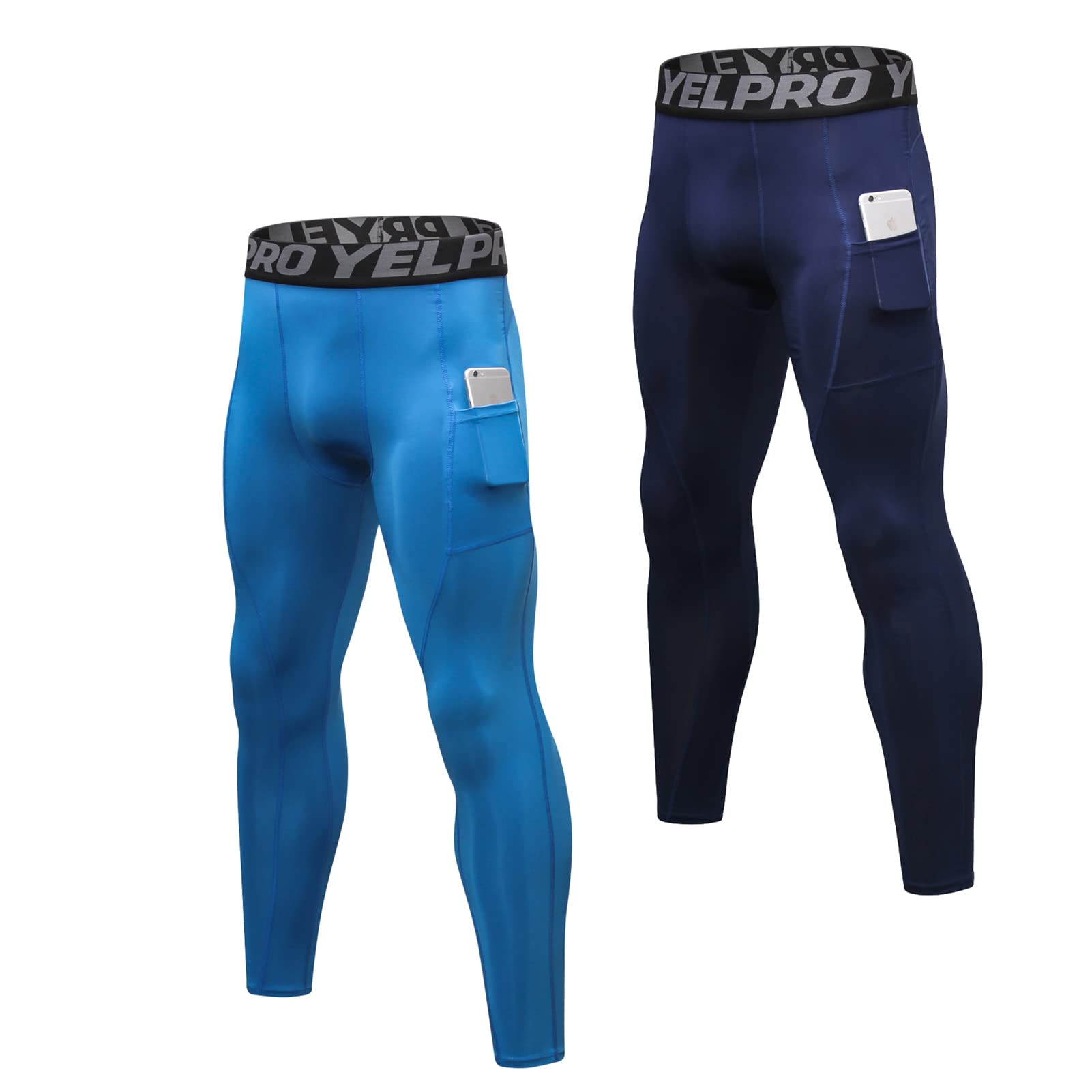 2er Pack Herren Kompressionshose mit Taschen, Männer Sport Leggings Laufhosen Schnelltrocknend Fitness Funktionsunterhose Tights