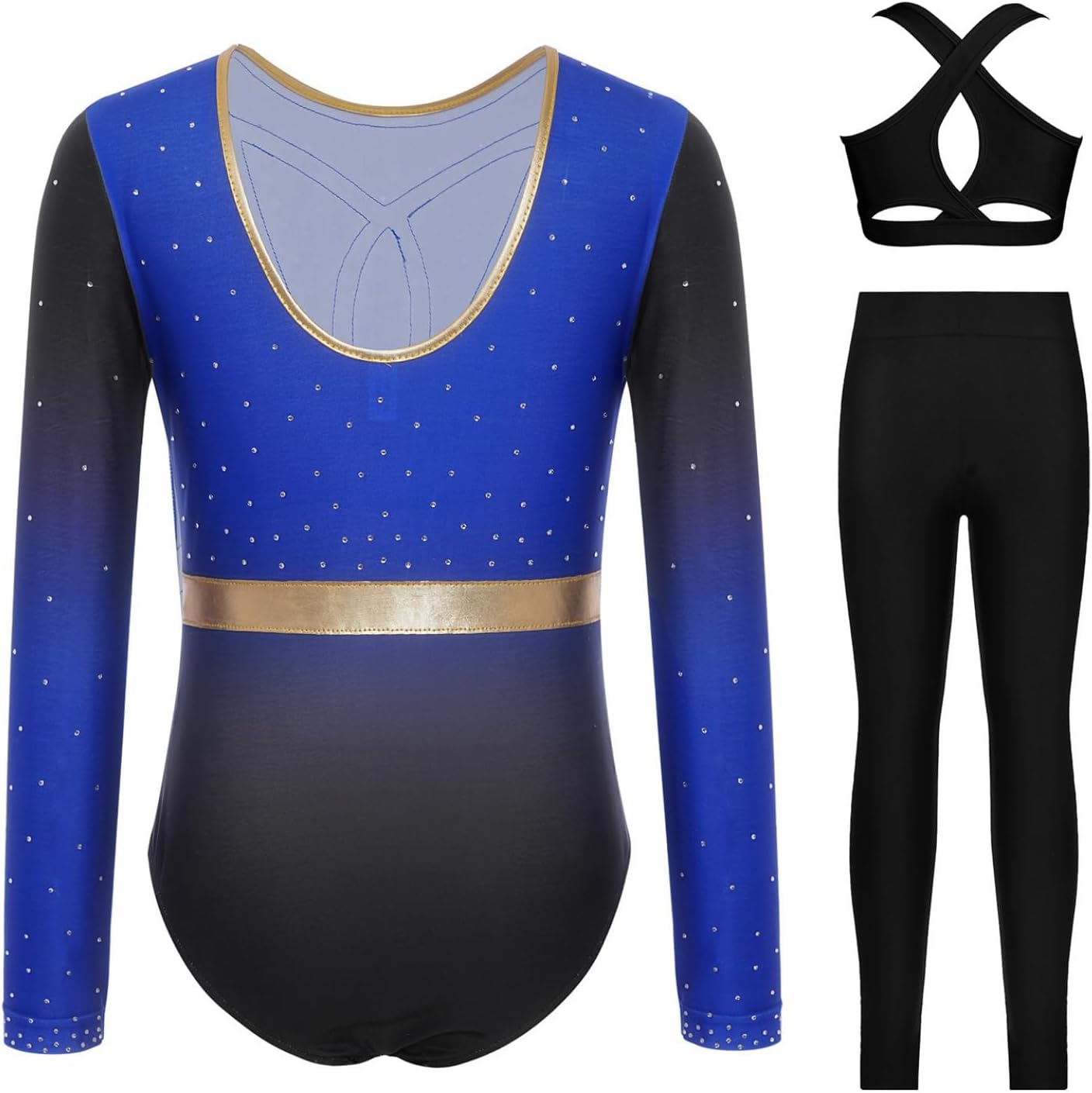 Gymnastics Leotards for Girls Long Sleeve Sparkle Biketard Dance Unitard Vest with Leggings Set Activewear