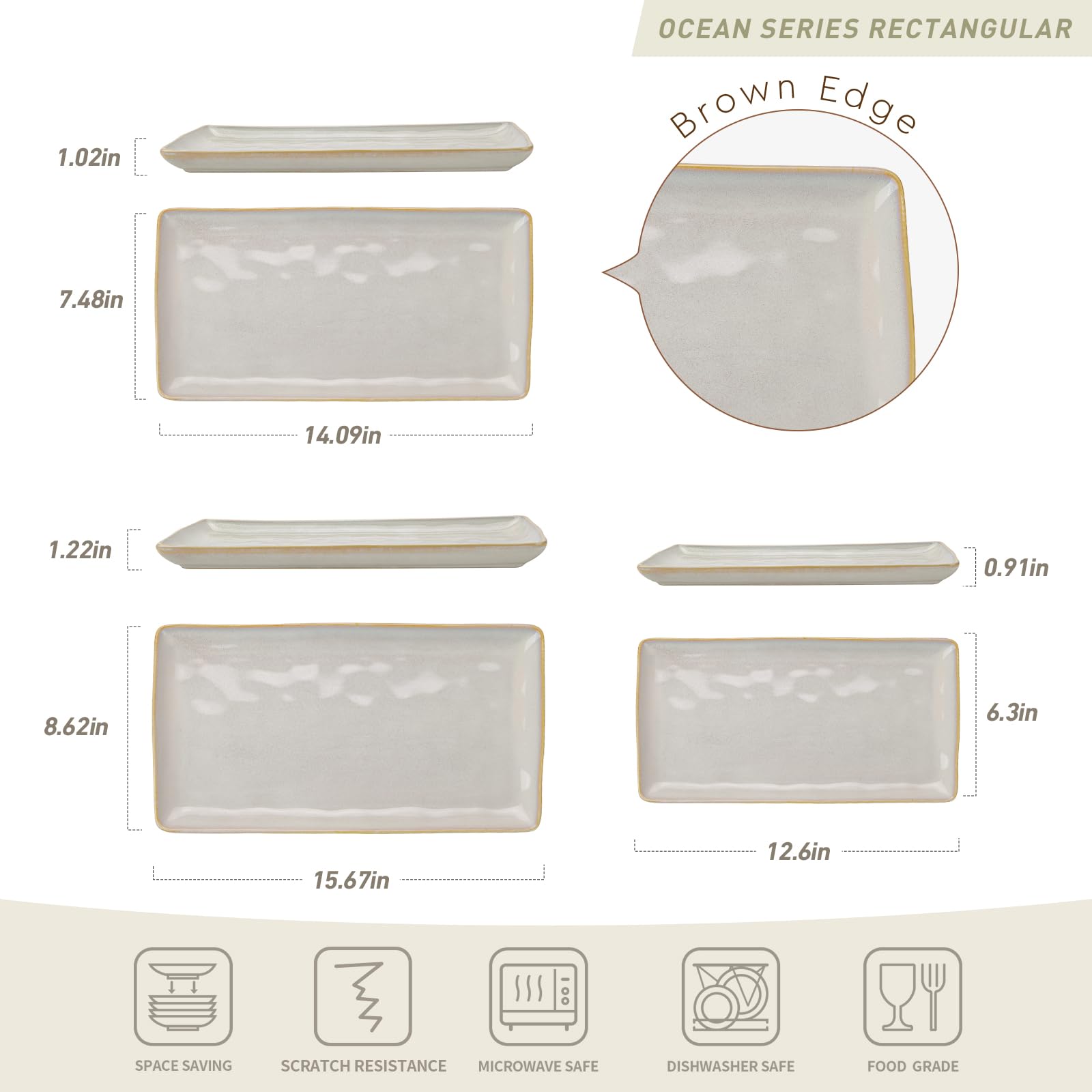 Famiware Serving Platter, Rectangular 15.67/14.1/12.6 inch Serving Dishes for Entertaining, Microwave Dishwasher Safe, Stonware Serving Trays for Party, Turkey, Cheese, Ocean Series, Cappuccino White