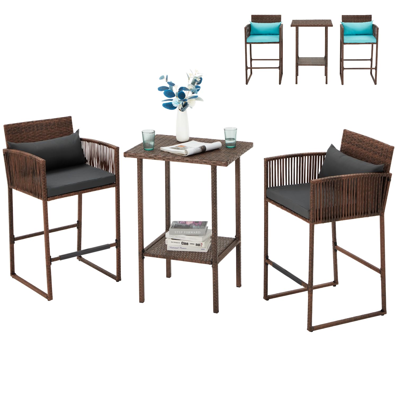 ECOTOUGE 3 Piece Patio Barstools Table Set, Outdoor Rattan Wicker Height Bar Chairs Set with Removable Cushion for Garden Lawn Porches Balcony (Gray/