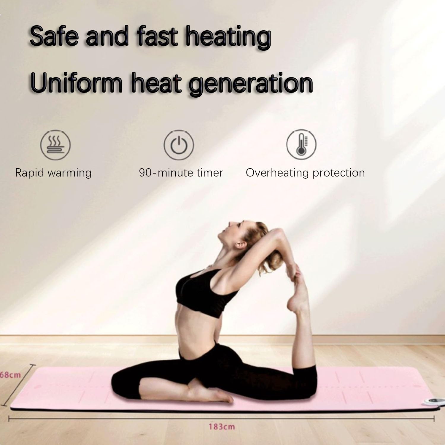 Tappetino da yoga riscaldato elettrico, in TPE spesso 8 mm, ecologico, antiscivolo e impermeabile, timer da 90 minuti, protezione contro il surriscaldamento
