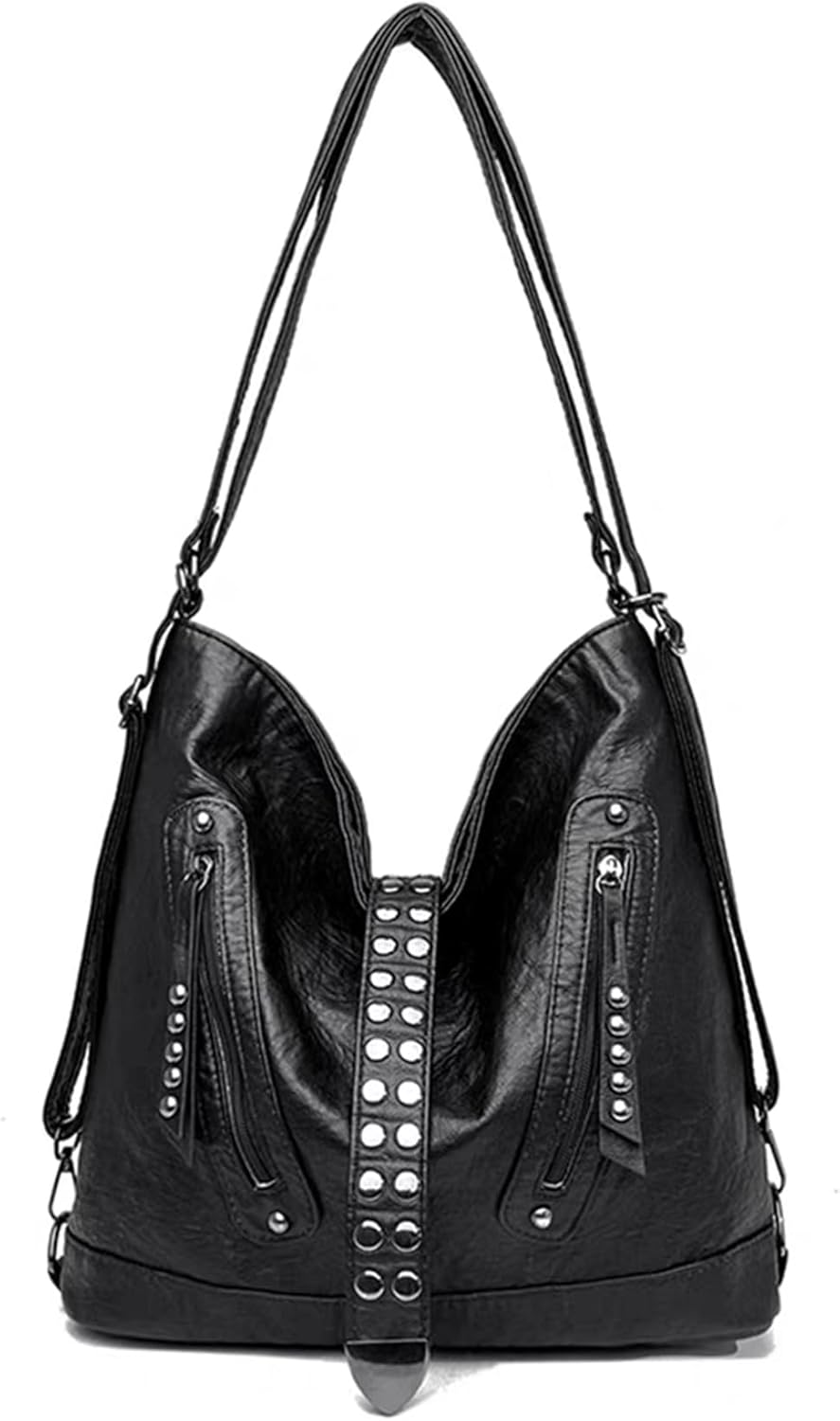KingTo 2-in-1 Convertible Backpack Shoulder Bag For Women Vintage Rivet Studded Tote Purse Casual Crossbody Bag (black)