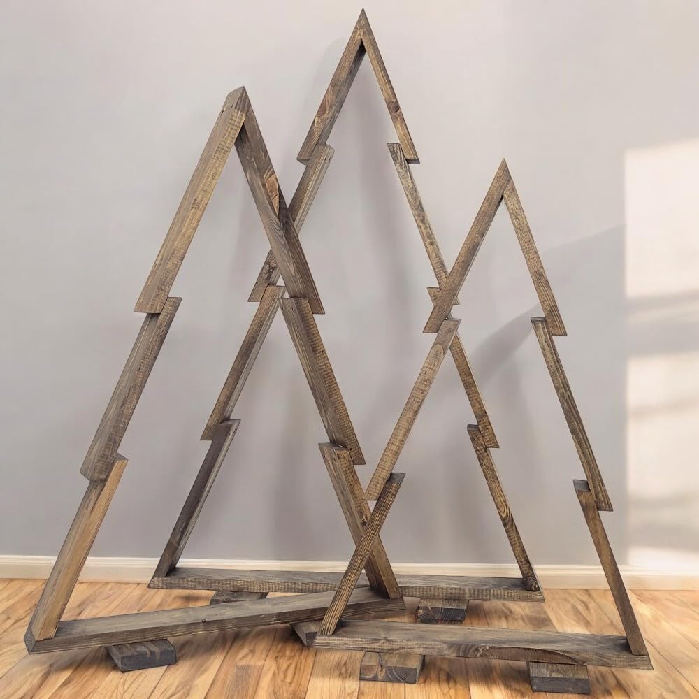 WEECO Lot de 3 Sapins de Noël en Bois XLL avec Éclairage LED - Décoration Festive 113 cm, 90 cm, 78 cm - Arbres pour Intérieur et Extérieur - Wengé