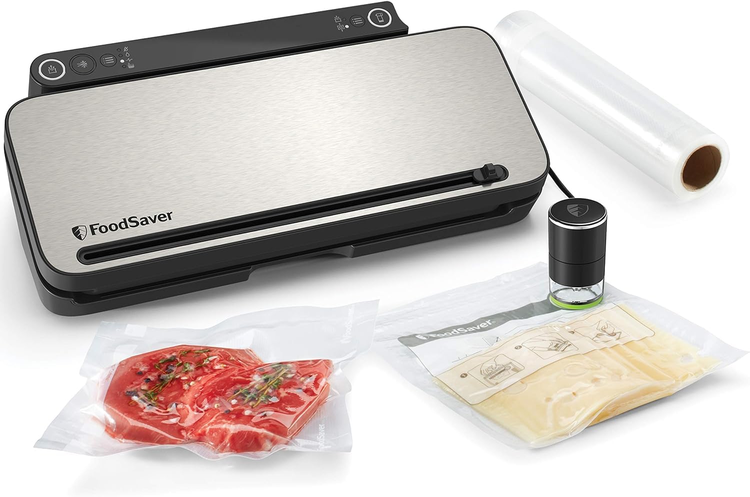 Envasadora al Vacío Premium FoodSaver, Cánula con Adaptador Para Recipientes Integrada + Foodsaver Bolsas de Envasado al Vacío Reutilizables, 5 Rollos, 36 Bolsas