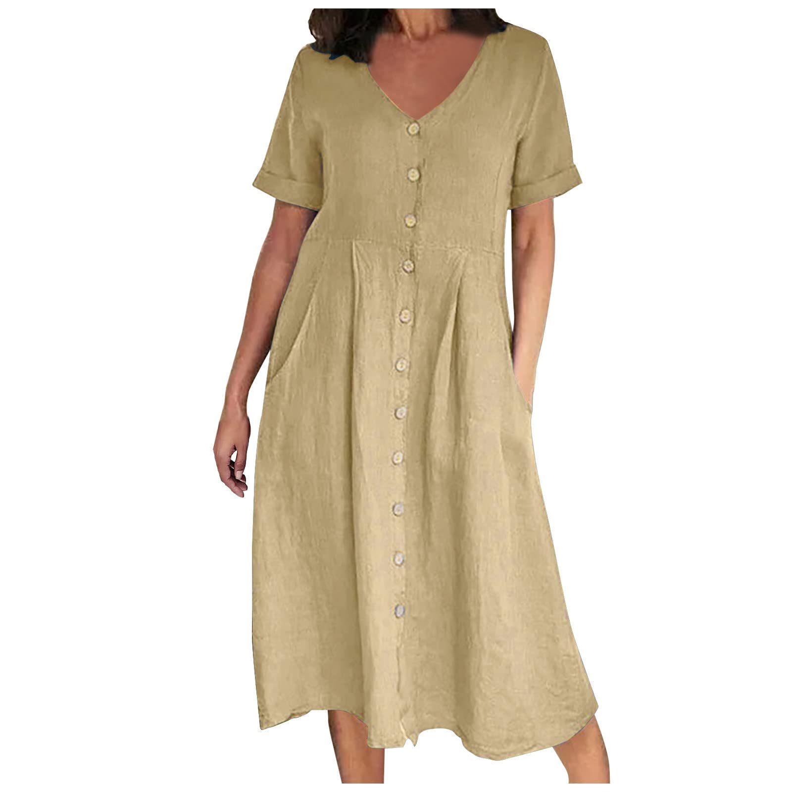 AMhomely Cotton Linen Dresses for Women-Button Down Dress Plus Size,V Neck Shirt Dresses with Pocket,Pleated A-line Sundress,Solid Casual Swing Dress,Office Work Holiday Vacation A Khaki XL