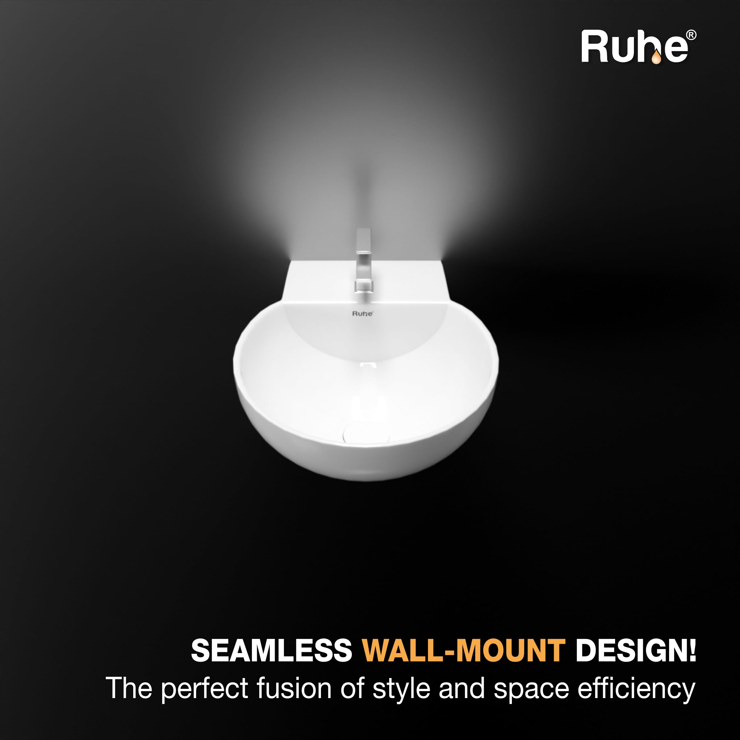 Ruhe® 12x12x5 Inches Hydra Wall-Hung Wash Basin, Scratch & Stain-Resistant Ceramic, Semi-Circular Shape, Glossy Finish, Easy to Clean, Modern Bathroom Sink, White 3