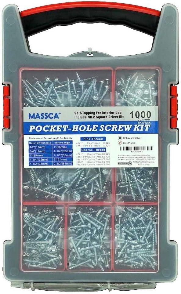 MasscaPocket-Hole Screw Kit – 1,000 Self-Tapping Zinc Plated Screw Set with No. 2 Square Driver Bit – 1”, 1-1/4” Fine-Thread & 1”, 1-1/4”, 1-1/2”, 2”, 2-1/2” Coarse-Thread Washer Head Wood Screws.