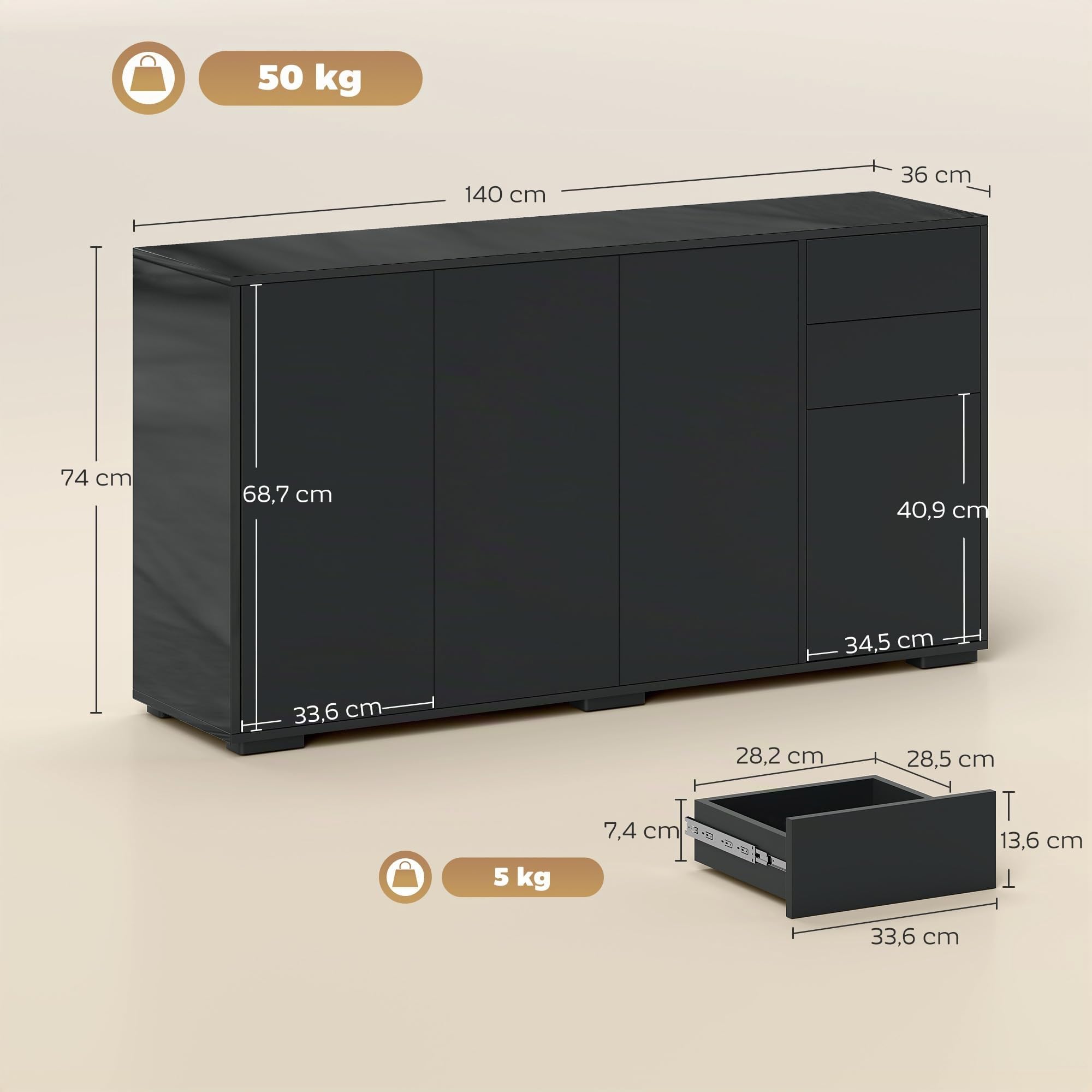 HOMCOM Buffet Meuble de Rangement 2 Tiroirs Coulissants 140x36x74cm Noir