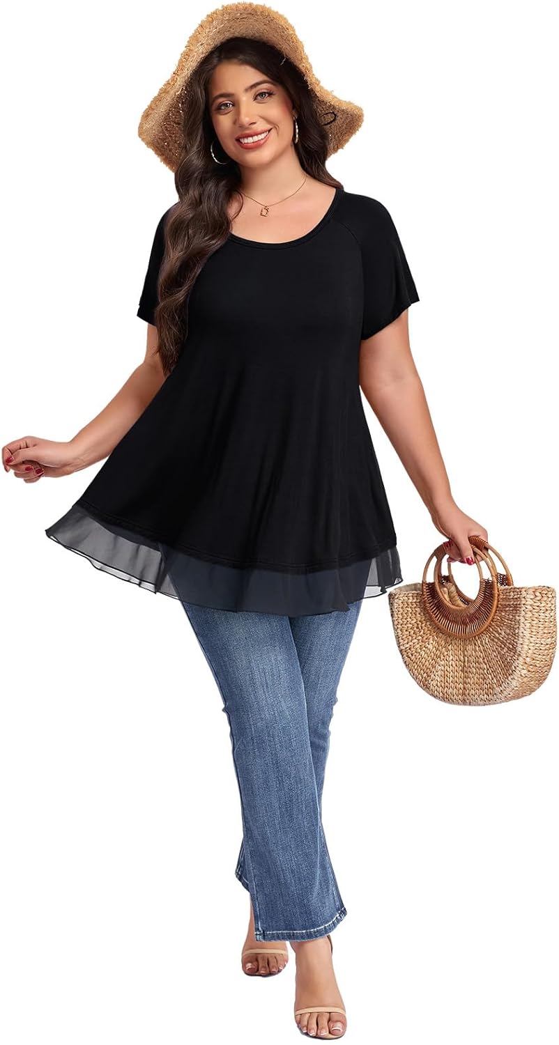 LARACE Plus Size Tunic Tops for Womens Summer Clothes Dressy Round Neck Short Sleeve Shirts Flowy Chiffon Blouses - Image 6