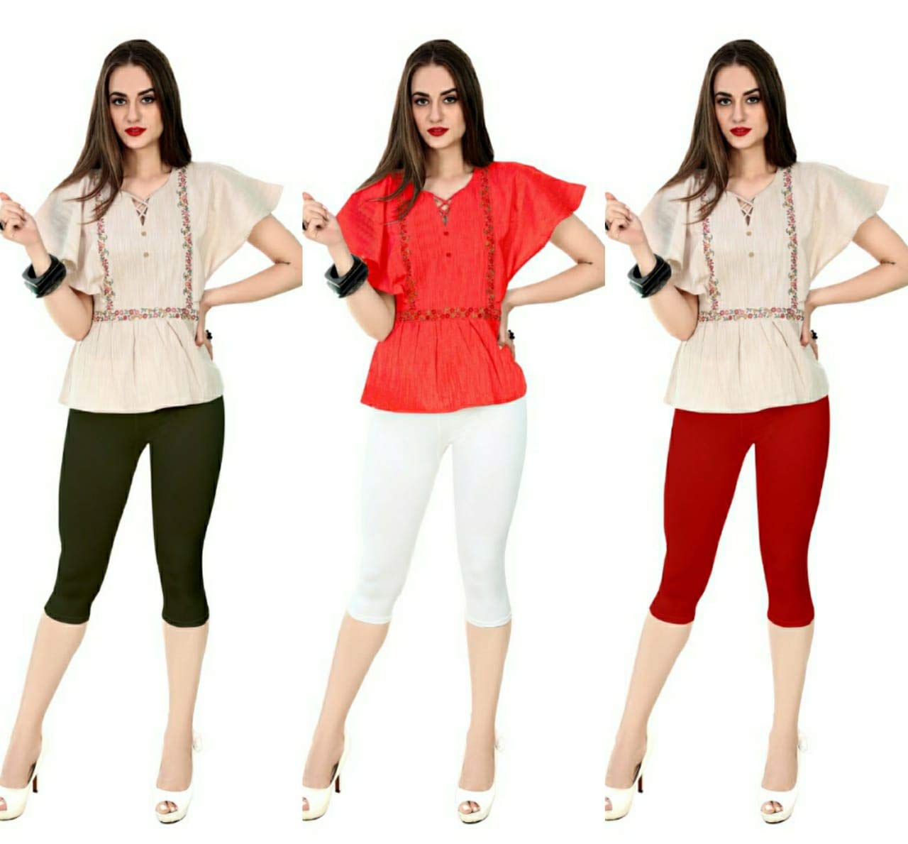 Women's Cotton Lycra 3/4th Capri Leggings Combo Pack of 3 Red Black & White (Free Size)-image-14