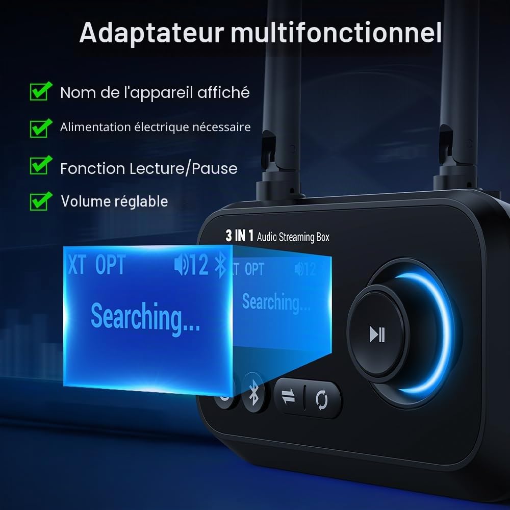 Émetteur Récepteur Bluetooth 3 en 1 avec Double Connexion Adaptateur Audio Bluetooth 5.3 Transmetteur Receveur Bypass avec RCA/Optique/AUX Contrôle du Volume vers TV, Stéréo, Écouteurs