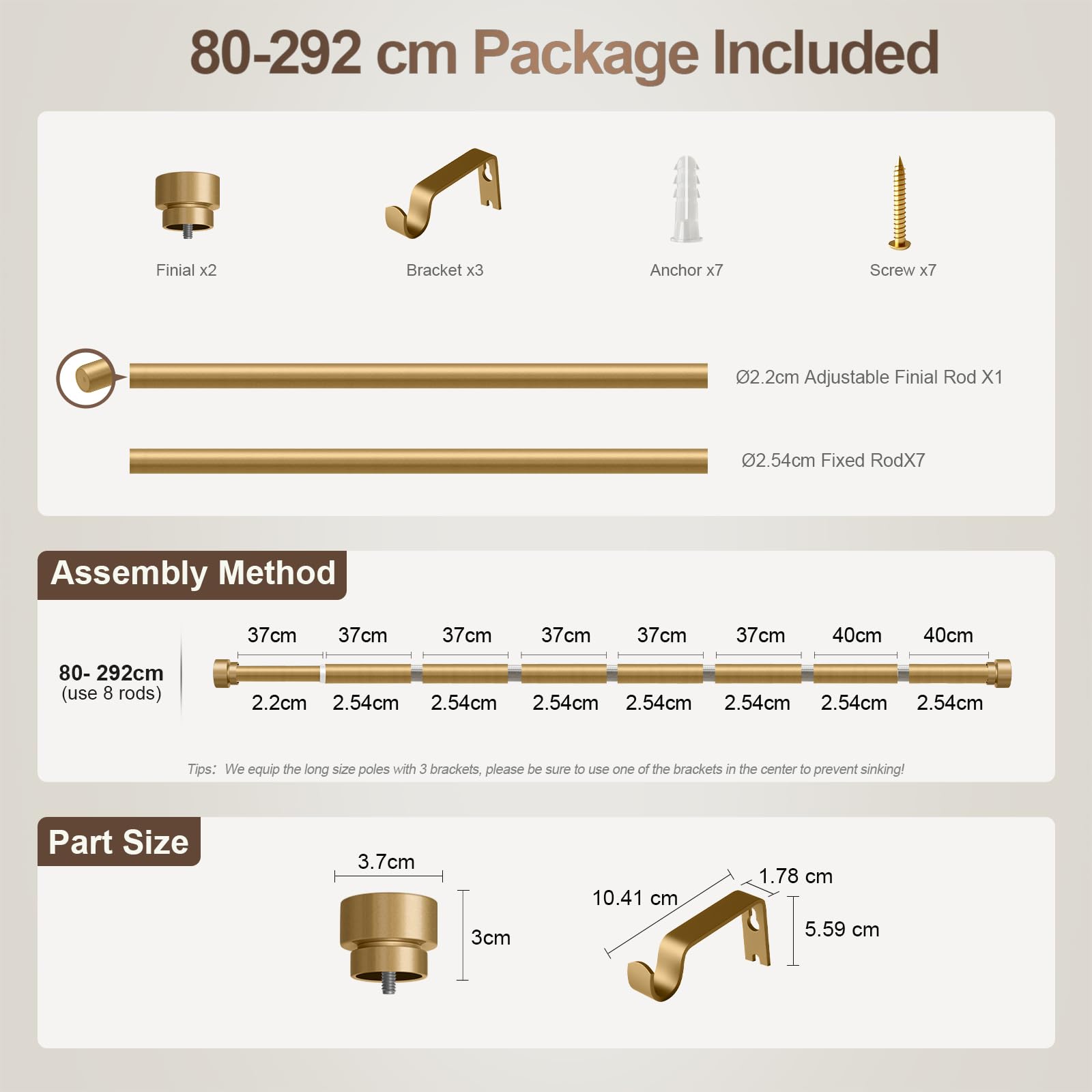 Asta per Tende Oro 80-292cm, Asta per Tende Regolabile in Metallo Resistente con Staffe e Finiali, Asta per Tende Estensibile per Finestra per Esterno, Camera da Letto, Cucina, Soggiorno