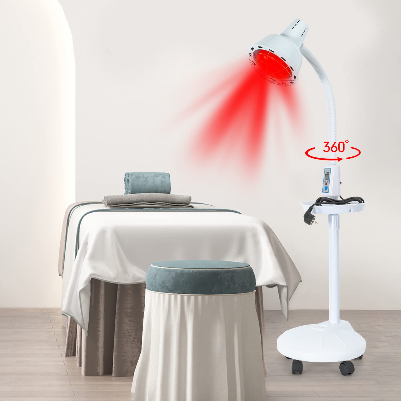 Lampa na podczerwień, 275 W, czerwone światło, lampa grzewcza, lampa na podczerwień ze stojakiem, lampa stojąca, promiennik podczerwieni, regulowana temperatura, czerwone światło dla lekkości