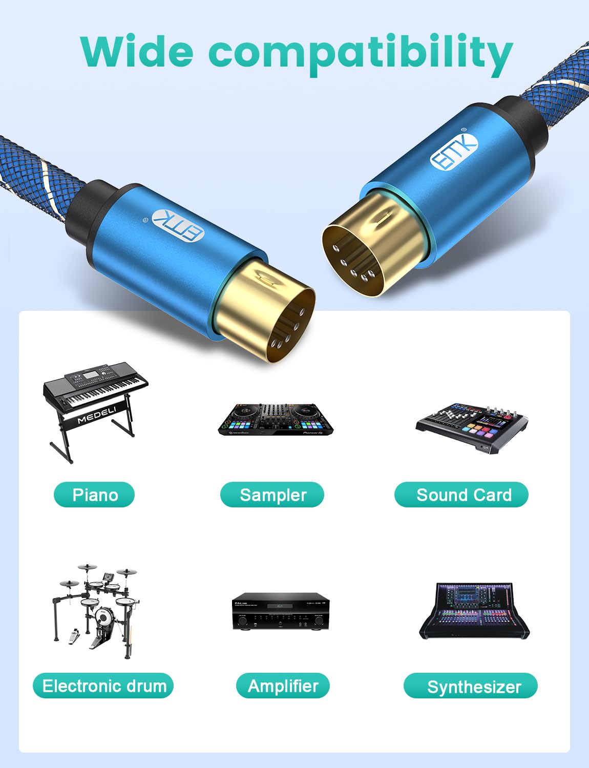EMK Midi Câble, 5 broches Midi Cable d'instrument Clavier Mâle à Mâle 5 broches Din in-Out MI-DI Câble Audio pour Orgue électronique, Mélangeur, Piano, Tambours, Carte son (3 mètres)
