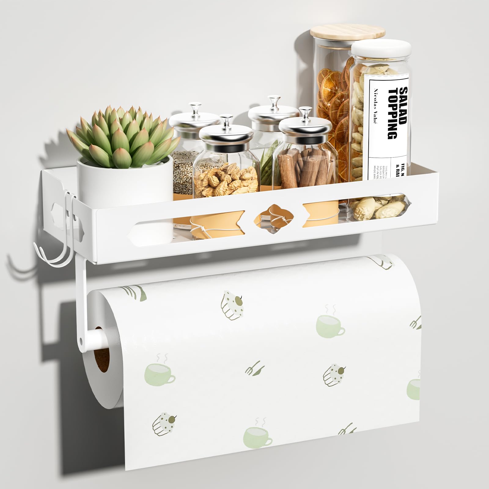 ZDDLOINP Spice Rack with Paper Towel Holder Roll and Hooks, Wall Mounted Spice Rack