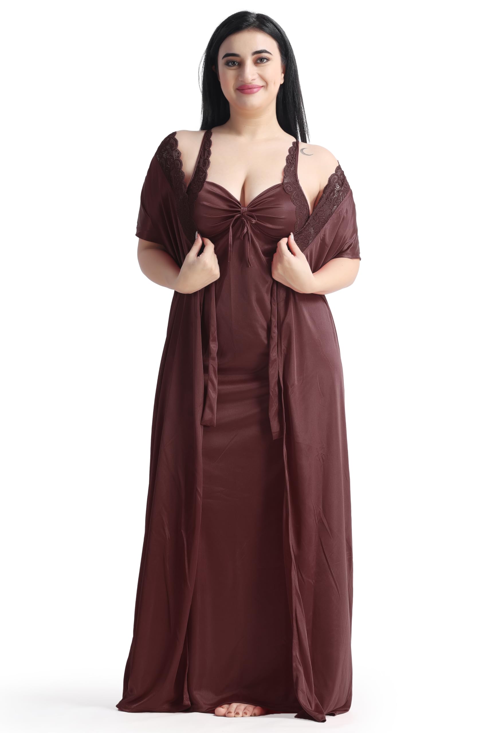 GenericGoldmine Women Satin Short Nighty with Lace & Robe