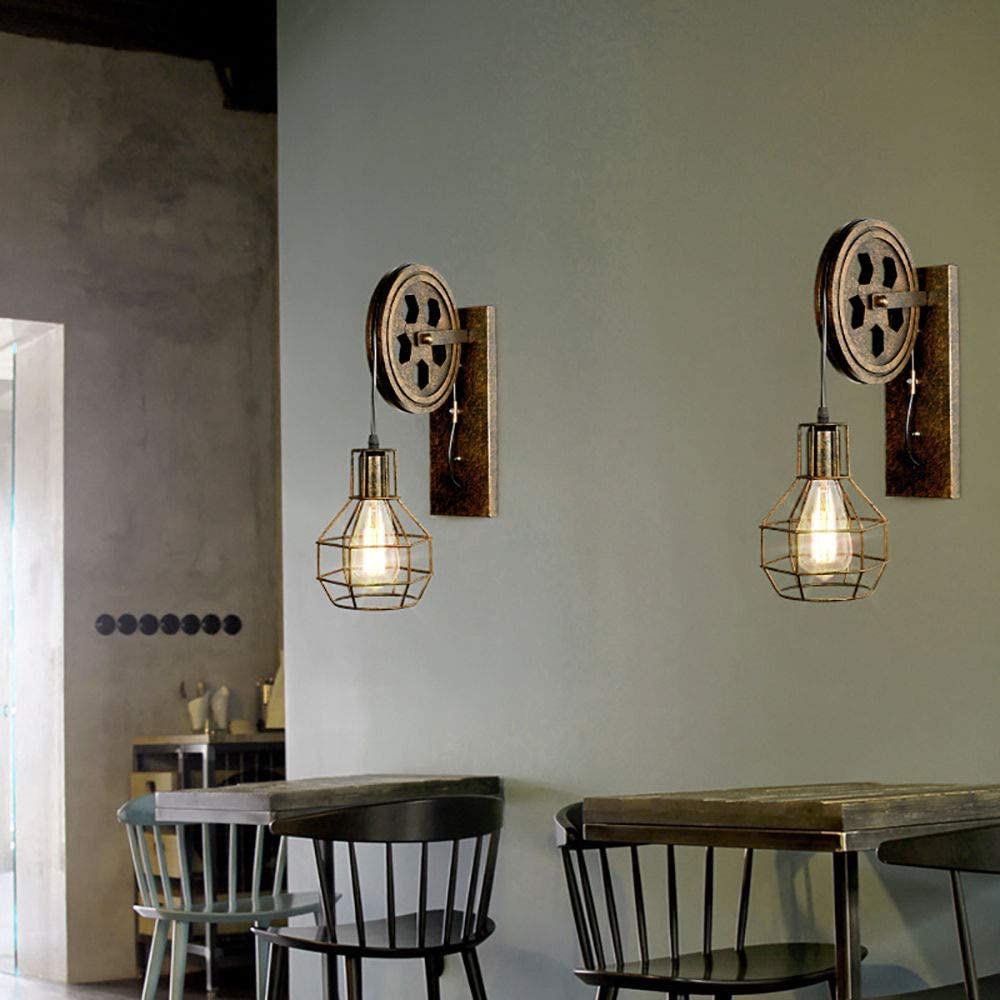 iDEGU 2 Stück Wandleuchten Vintage Wandleuchte im Industrial Design Retro Lampe Holz Riemenscheibe 1 flammige Hängelampe für Wohnzimmer Küche Restaurant (Bronze)