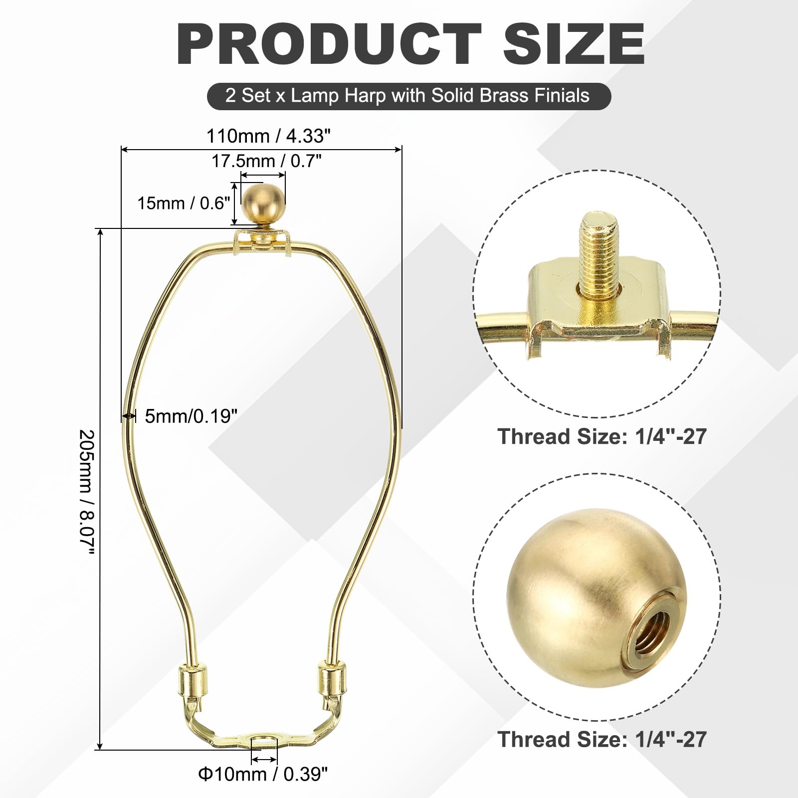 PATIKIL 8 Inch Lamp Harp Kit with 17.5mm Solid Brass Ball Finial - Image 3
