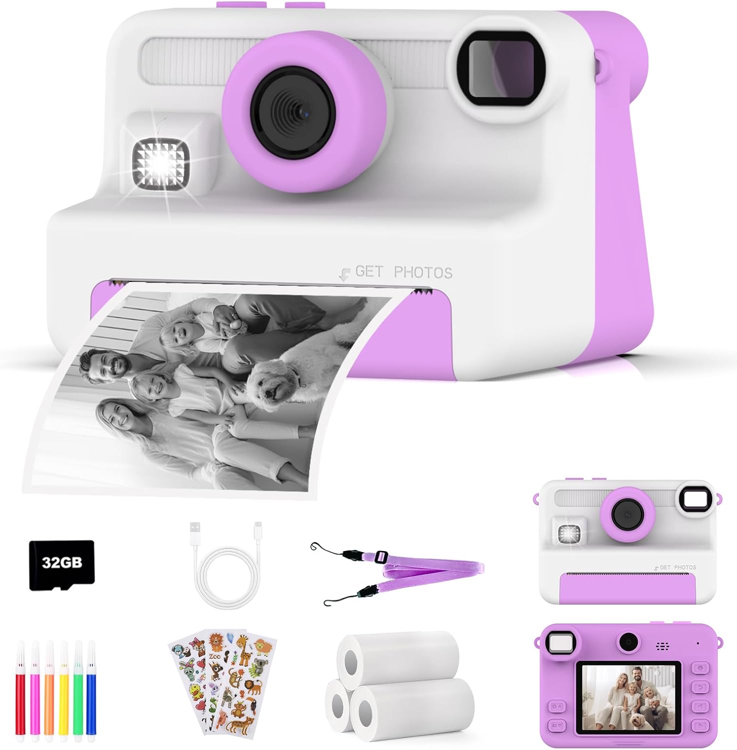 AMZSA Now Kids Camera Instant Print, 1080P Video, Children Christmas Birthday Gifts for Girls Age 3-12, Toddler Print Digital Camera Toy for 4 5 6 7 8 9 10 11 Years Old with 32GB Card,6 pens