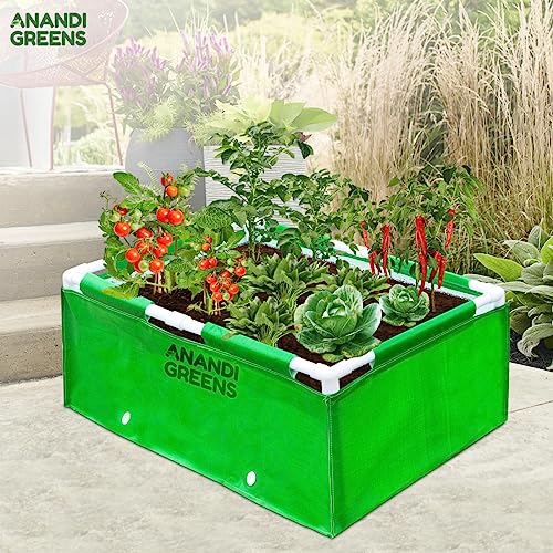 Image of Anandi Green's HDPE UV Protected 360 GSM Green Color Rectangular Plants Grow Bags Suitable for VegetableTerrace Gardening with PVC Pipe Support (3Lx1.5Wx1H Fit) Pack of 1
