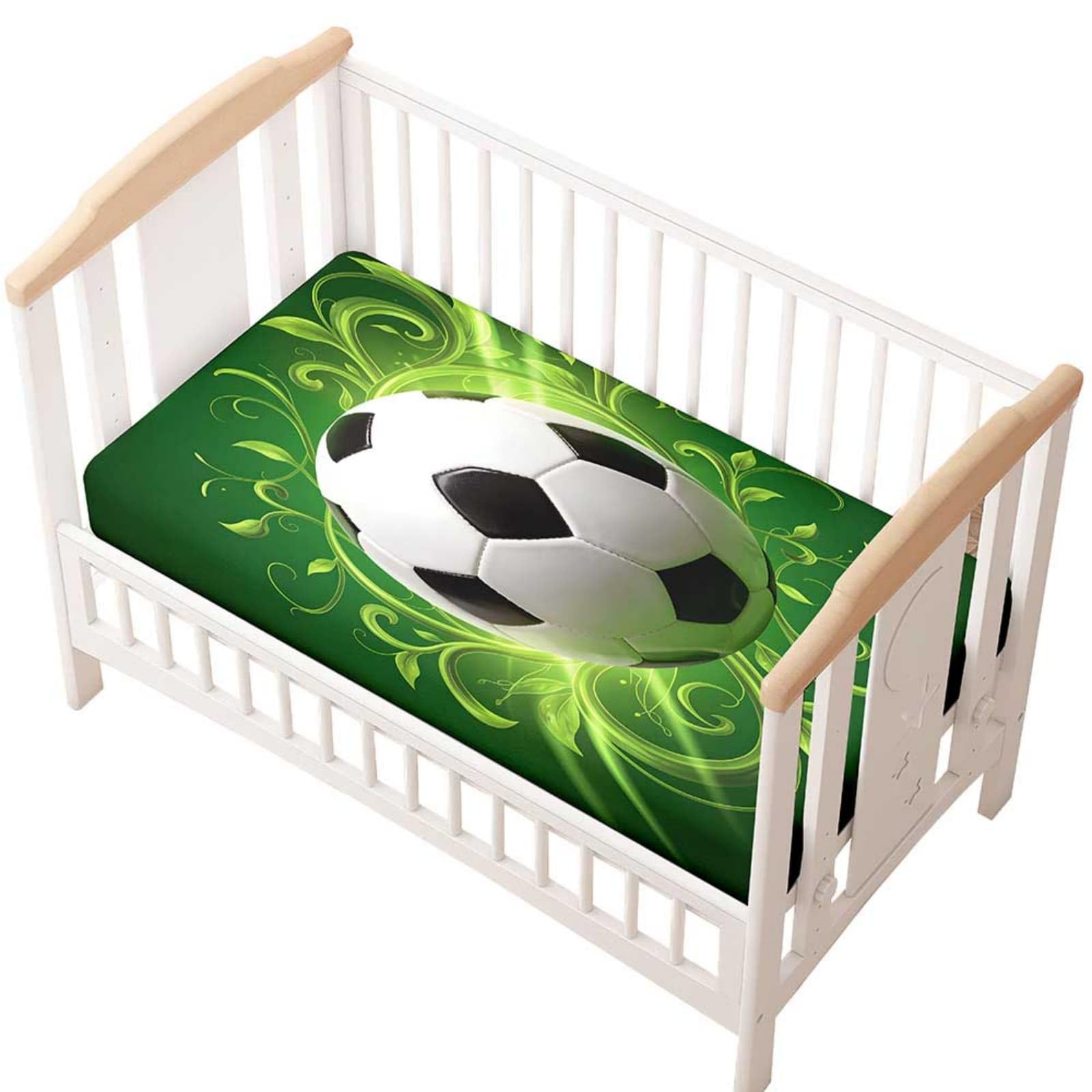 Odot Cot Bed Fitted Sheet, Moses Basket Fitted Sheet 3D Football Pattern Soft Microfibre Crib Bedsheets Bassinet Bedsheet Mattress Protector for Kids Boy Girl (Green Leaf,95x65cm)