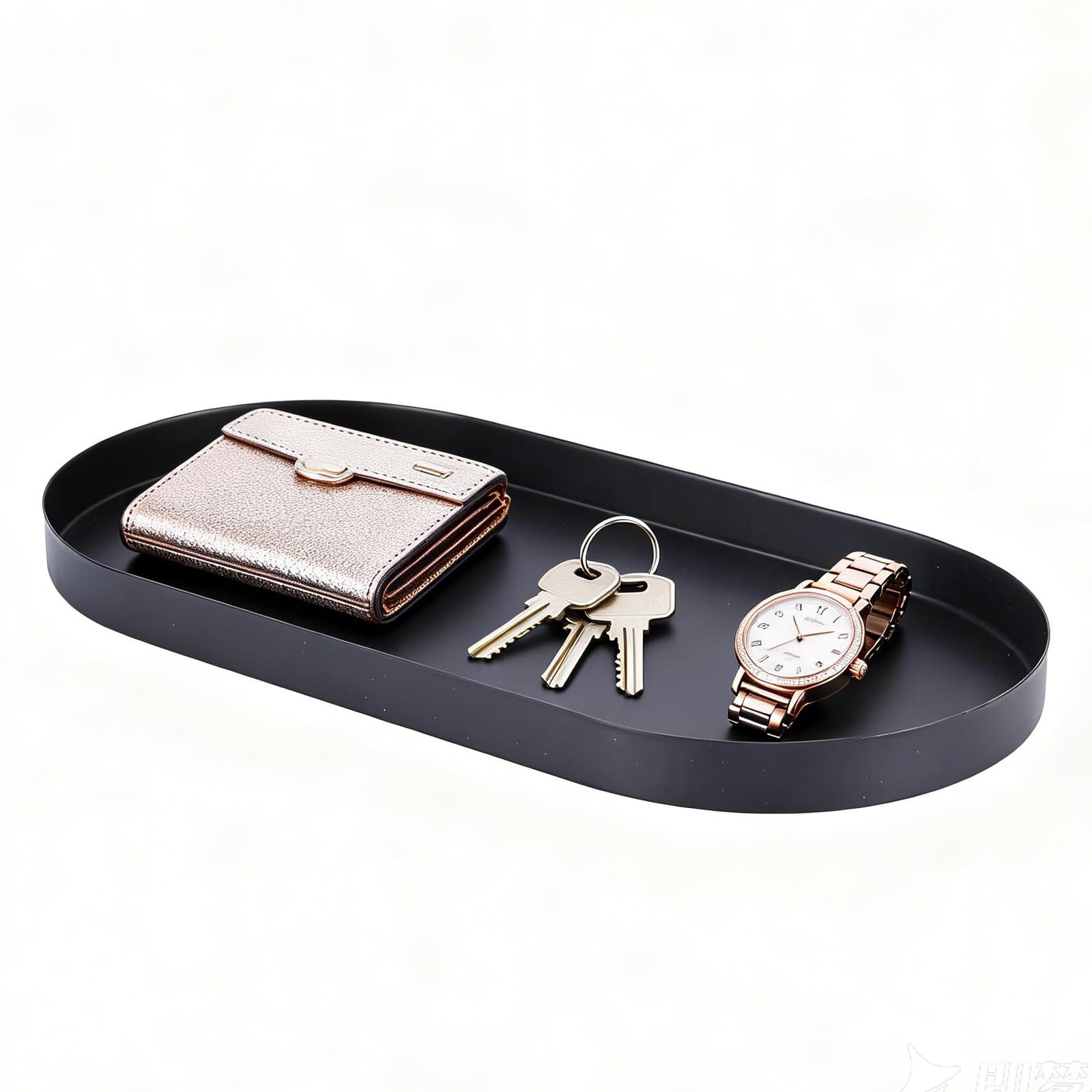 Punorric Oval Key Tray Metal Key Bowl For Hallways, Black Valet Perfume Tray Storage For Keys, Coins, Candle, Ornament, Perfume, Trinket, Bathroom Countertop Storage, Coffee Table Decor