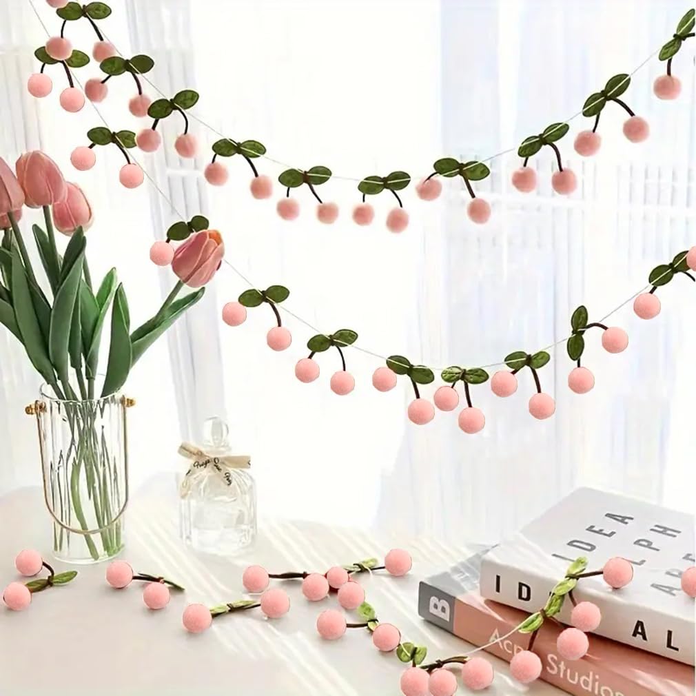 TOTIEJFJ Pink Cherry Garland Decoration (3string X 6.6ft) - DIY Pom Pom Fruit Cherry Hanging for Kids Bedroom Kitchen Decoration Baby Shower Party