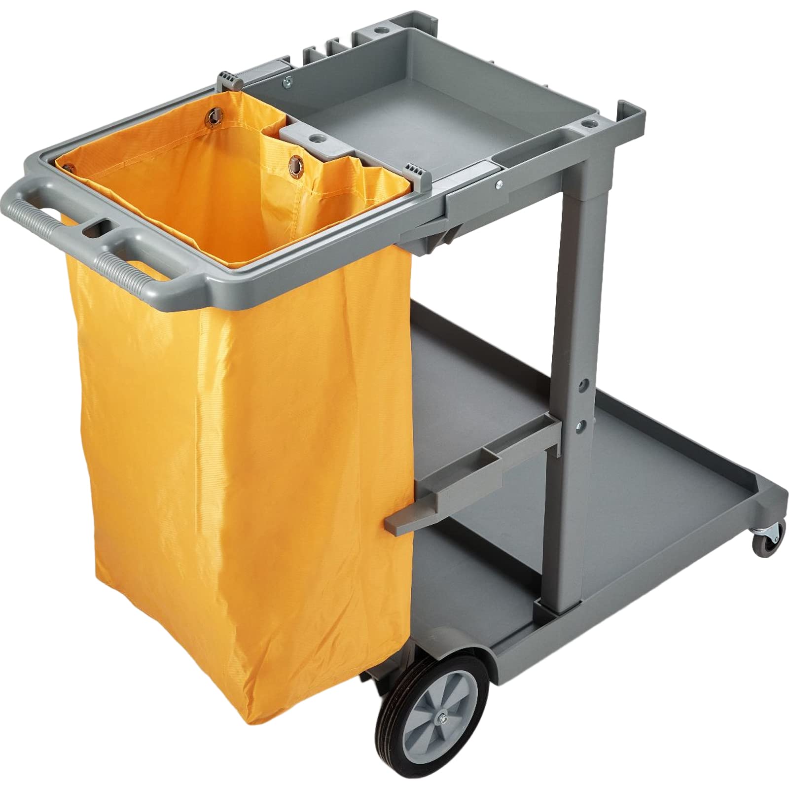 VEVOR Reinigungswagen Putzwagen mit 3 Fächern, Hygienewagen Reinigungswagen 90,7 kg Tragfähigkeit, Grau PP Wischwagen Systemwagen mit PVC-Müllsack, Geeignet für Büros, Einkaufszentren, Hotels